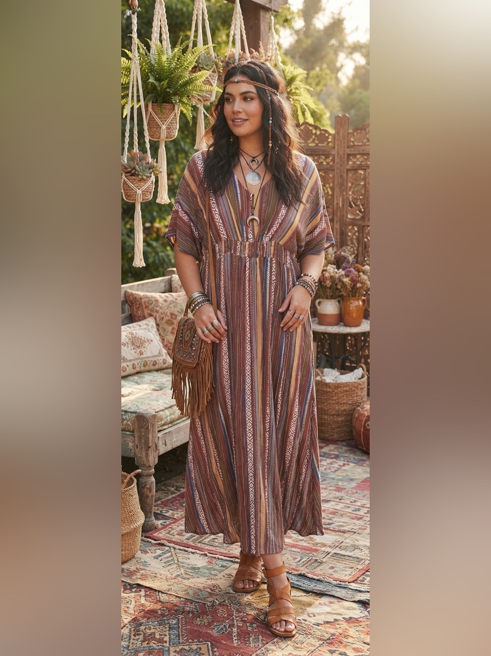 BloomChic Boho Striped V-Neck Dress in Rust, Olive & Blue NWOT